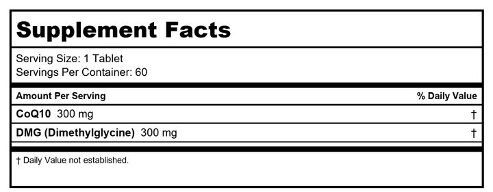 Davinci Labs - CoQ10 - DMG 300/300-60 Orange Flavored Chewable Tablets - Supplement Facts panel