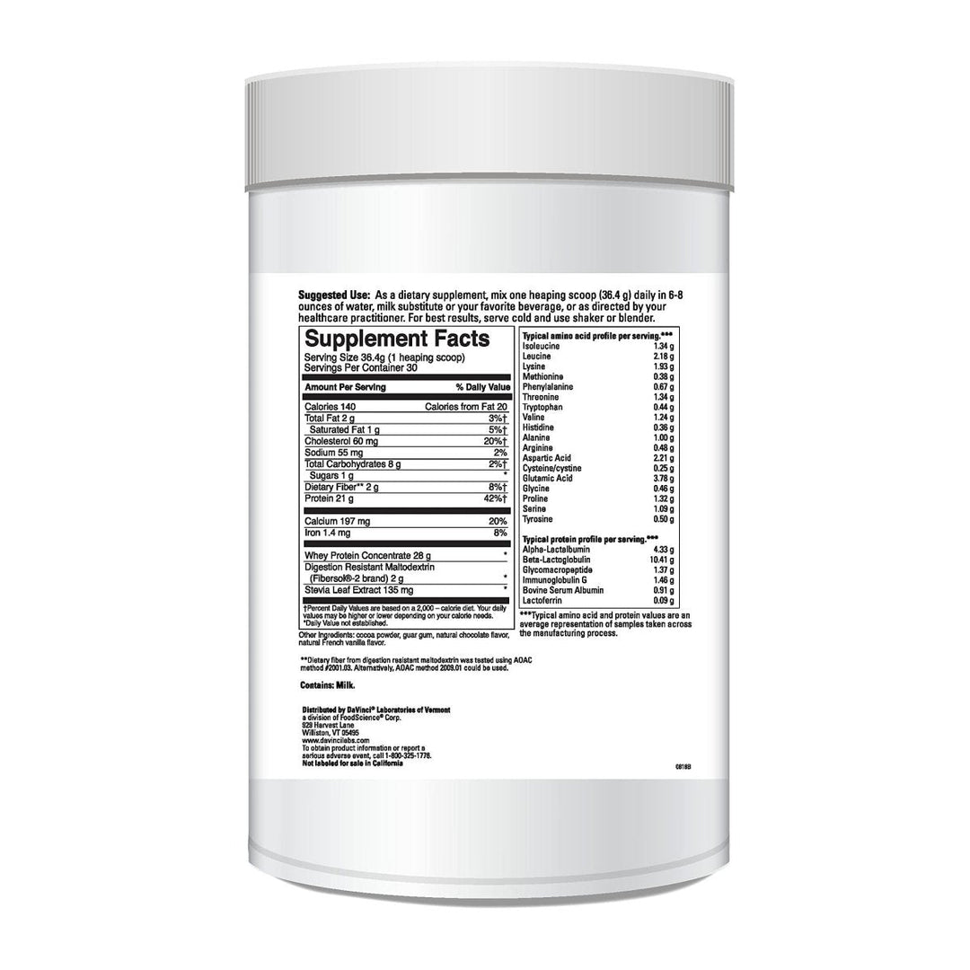 DaVinci Laboratories of Vermont Right Whey Protein, Chocolate, 30 Count - Supplement Facts panel
