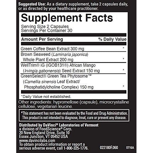 Adipo-Leptin Benefits - 60 Vegetarian Capsules by Davinci Labs - Supplement Facts panel