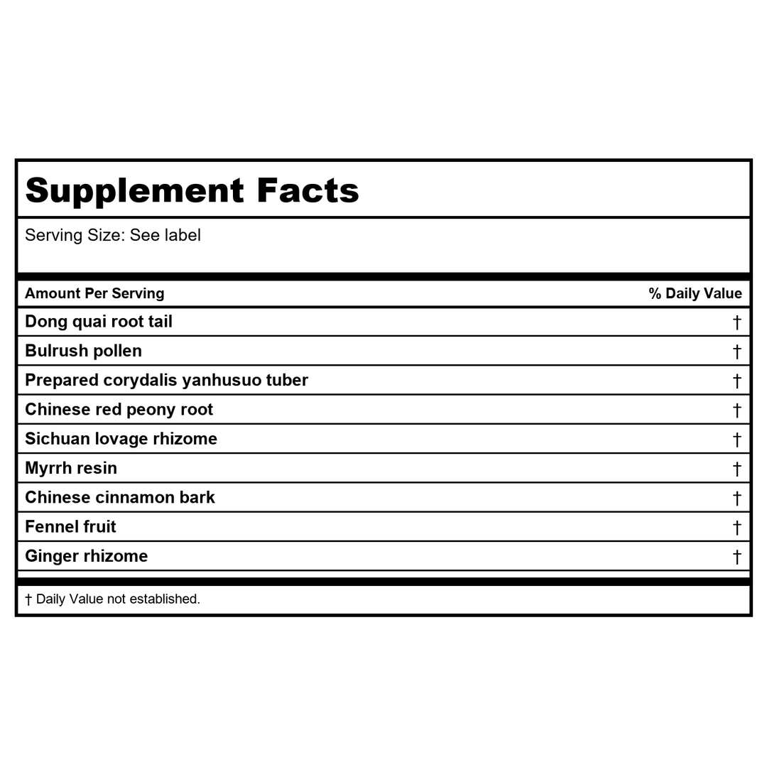 Kan Herb Essentials Dispel Stasis in The Lower Palace 8 Ounce - Supplement Facts panel