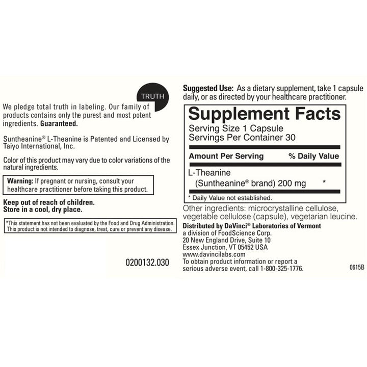 Davinci Laboratories L Theanine 200 mg. 30 Capsules - Supplement Facts panel