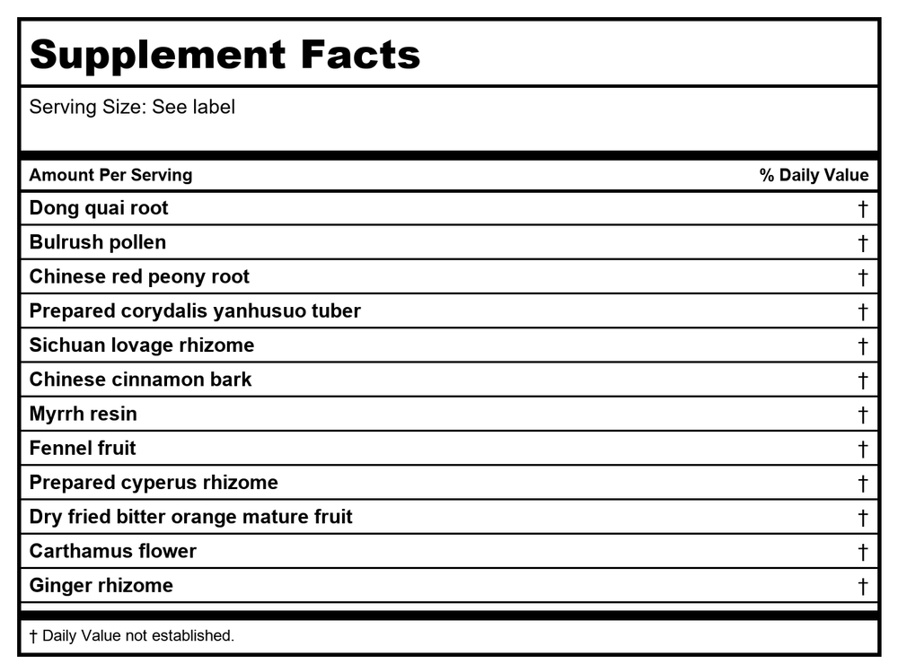 Kan Herb Traditionals Dispel Stasis in The Lower Burner 1 Ounce - Supplement Facts panel