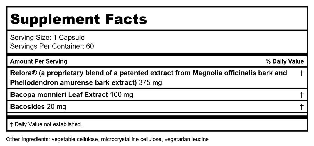 Davinci Labs - Relora? with Bacopa 60 vcaps - Supplement Facts panel