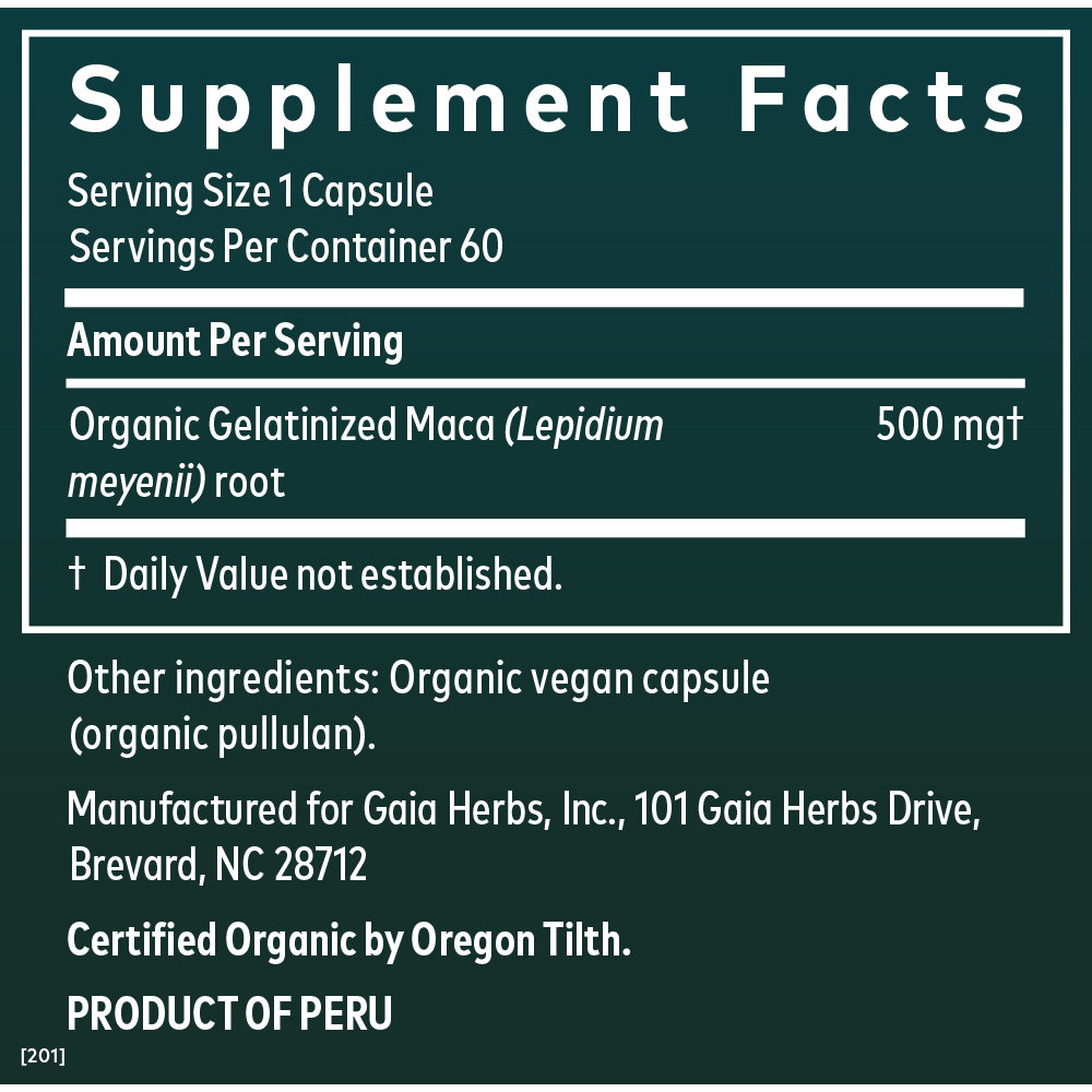 Gaia Herbs, Maca Root, 60 caps - Supplement Facts panel