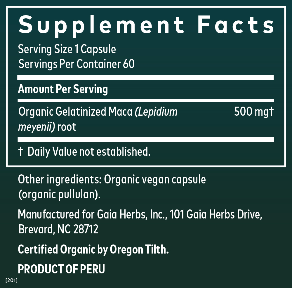 Gaia Herbs, Maca Root, 60 caps - Supplement Facts panel