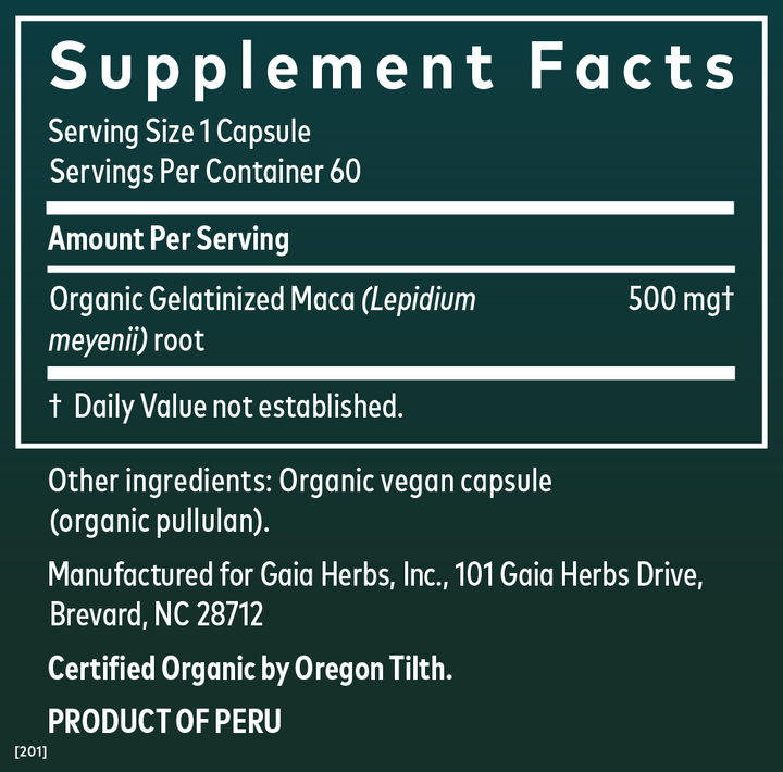 Gaia Herbs, Maca Root, 60 caps - Supplement Facts panel
