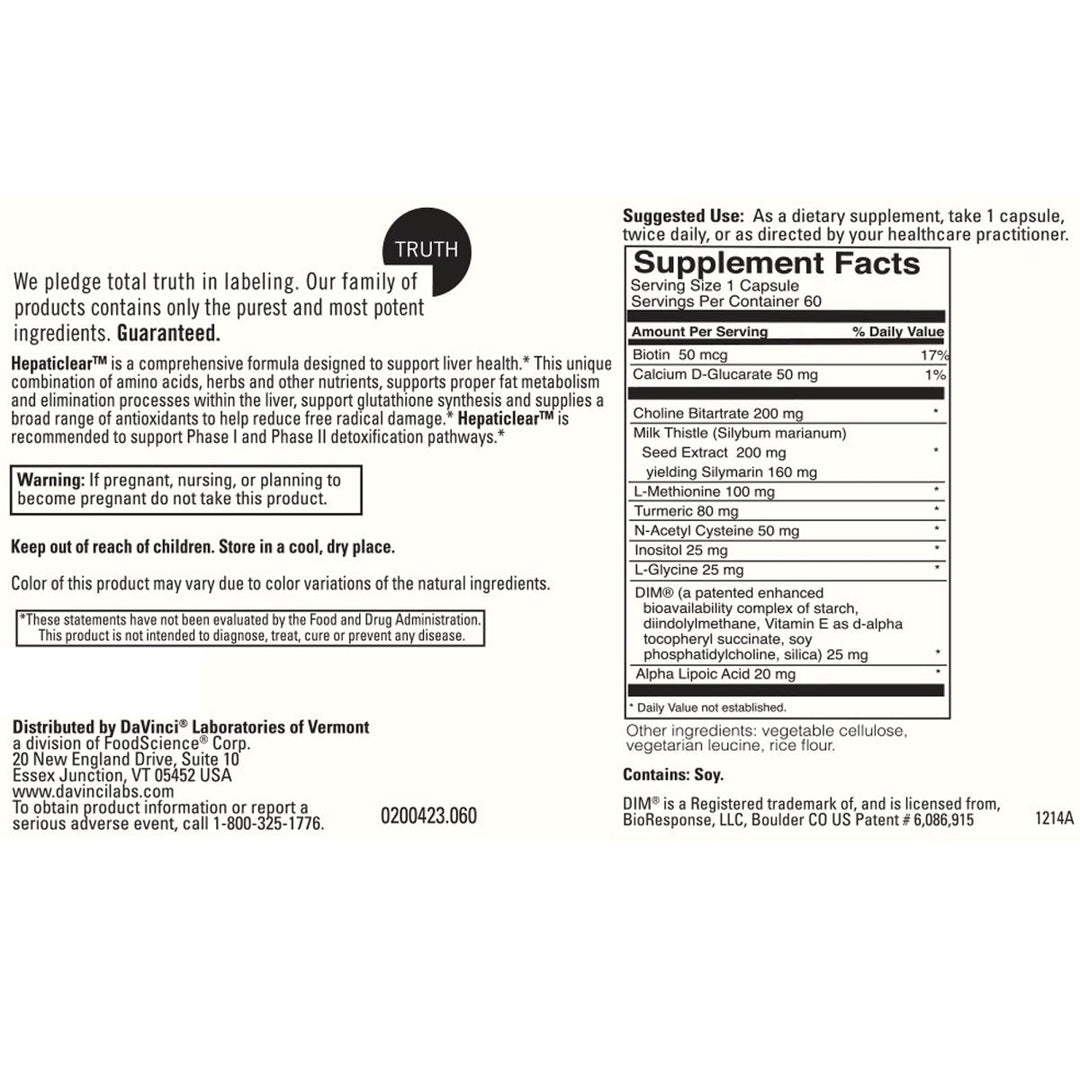 Davinci Labs Hepaticlear 60 Vcaps - Supplement Facts panel