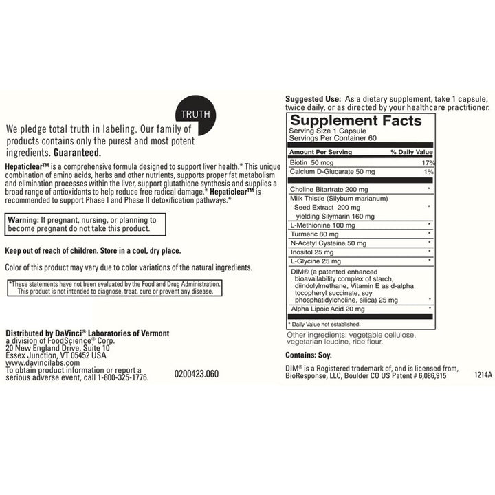Davinci Labs Hepaticlear 60 Vcaps - Supplement Facts panel