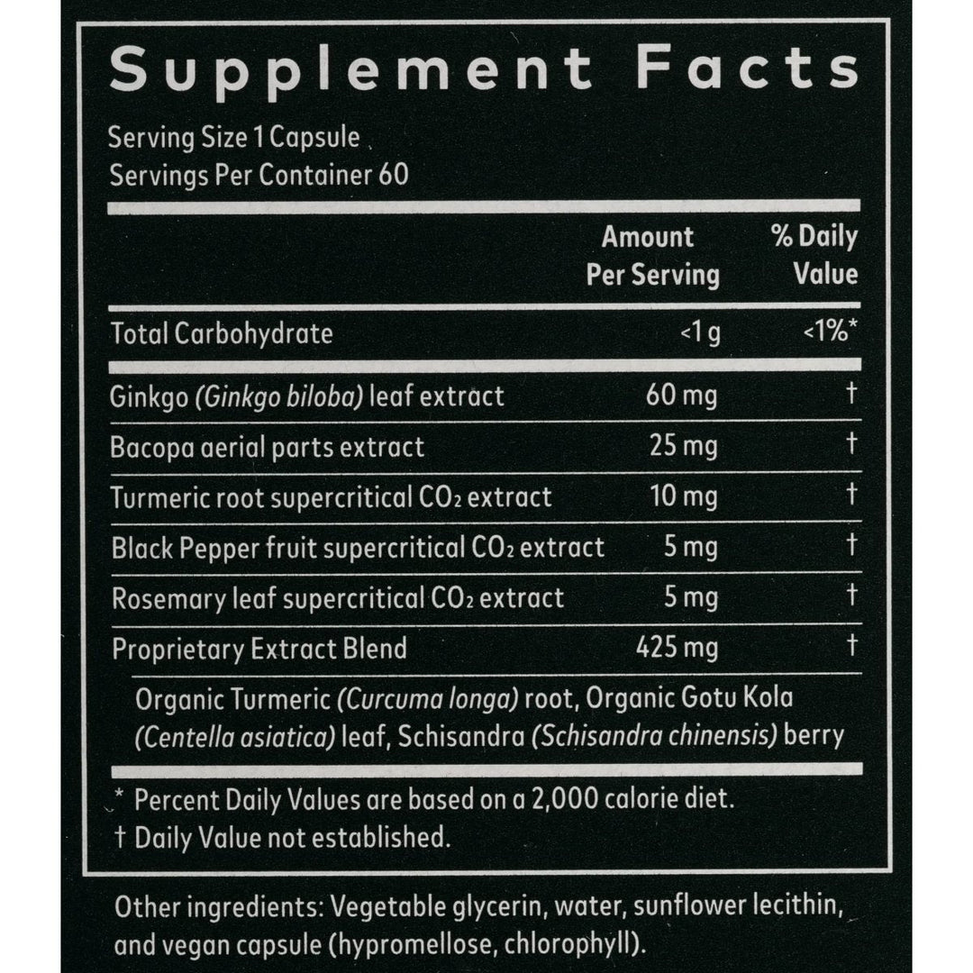 Gaia Herbs Agile Mind - Brain &amp; Cognitive Support Herbal Supplements - with Organic Turmeric Root, Bacopa, Black Pepper, and Ginkgo Biloba - 60 Vegan Liquid Phyto-Capsules (30-Day Supply) - Supplement Facts panel