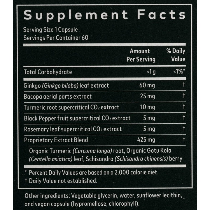 Gaia Herbs Agile Mind - Brain &amp; Cognitive Support Herbal Supplements - with Organic Turmeric Root, Bacopa, Black Pepper, and Ginkgo Biloba - 60 Vegan Liquid Phyto-Capsules (30-Day Supply) - Supplement Facts panel