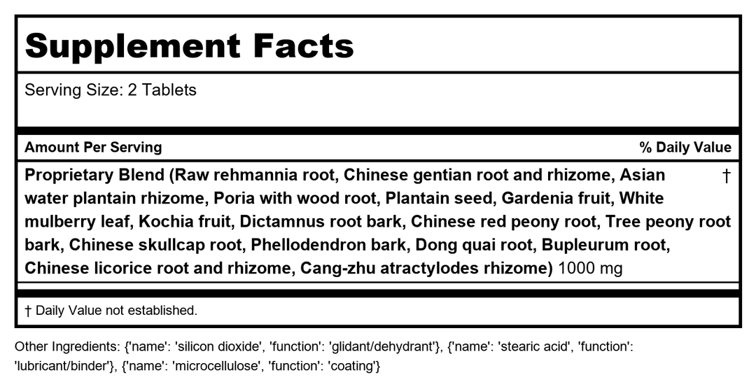 Kan Herbs - Essentials- Damp Heat Derma Relief 300 tabs - Supplement Facts panel