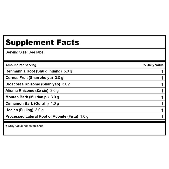 Kan Herb Essentials Glehnia and Rehmannia Combination 1 Ounce - Supplement Facts panel