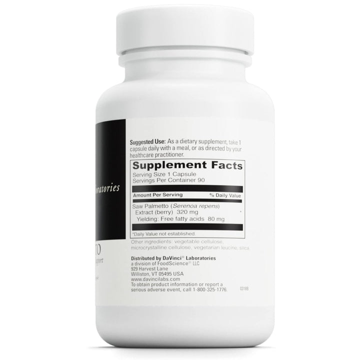 Davinci Laboratories Saw Palmetto - 90 Vegetarian Capsules - Supplement Facts panel