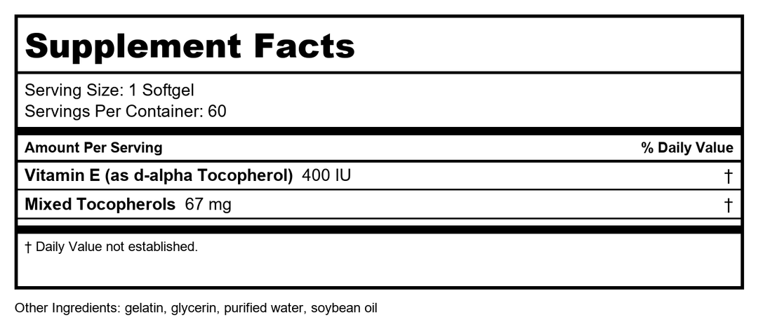 Natural Mixed Tocopherol E 400 60 Softgels - Supplement Facts panel