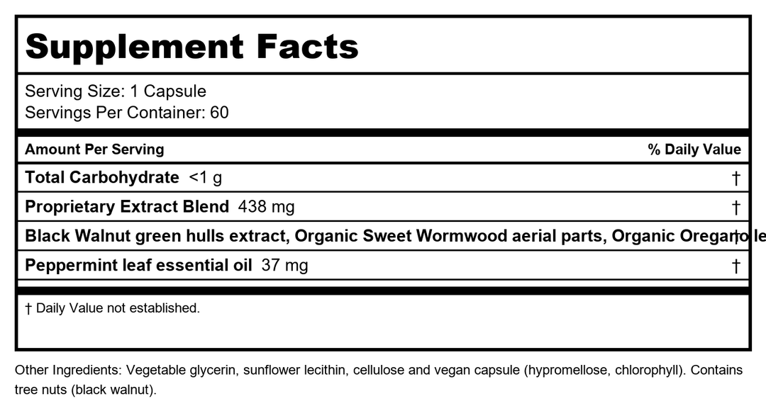 Gaia Herbs Microbiome Cleanse - with Black Walnut, Sweet Wormwood, Oregano &amp; Peppermint - Helps Balance The GI Tract While Supporting Digestive Health - 60 Vegan Liquid Phyto-Capsules (30-Day Supply) - Supplement Facts panel