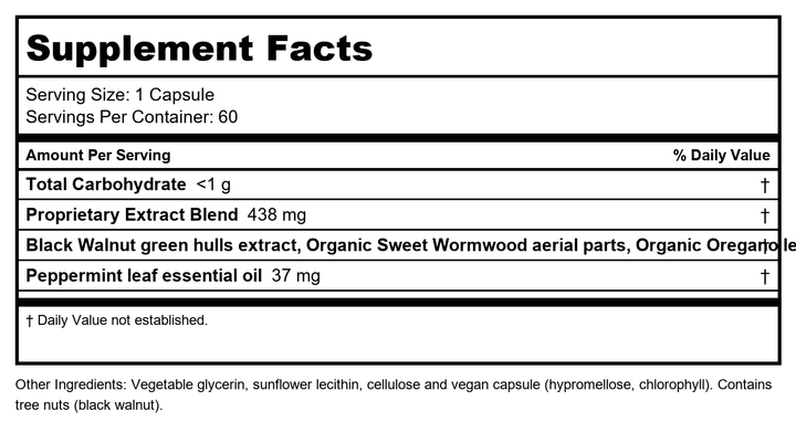 Gaia Herbs Microbiome Cleanse - with Black Walnut, Sweet Wormwood, Oregano &amp; Peppermint - Helps Balance The GI Tract While Supporting Digestive Health - 60 Vegan Liquid Phyto-Capsules (30-Day Supply) - Supplement Facts panel