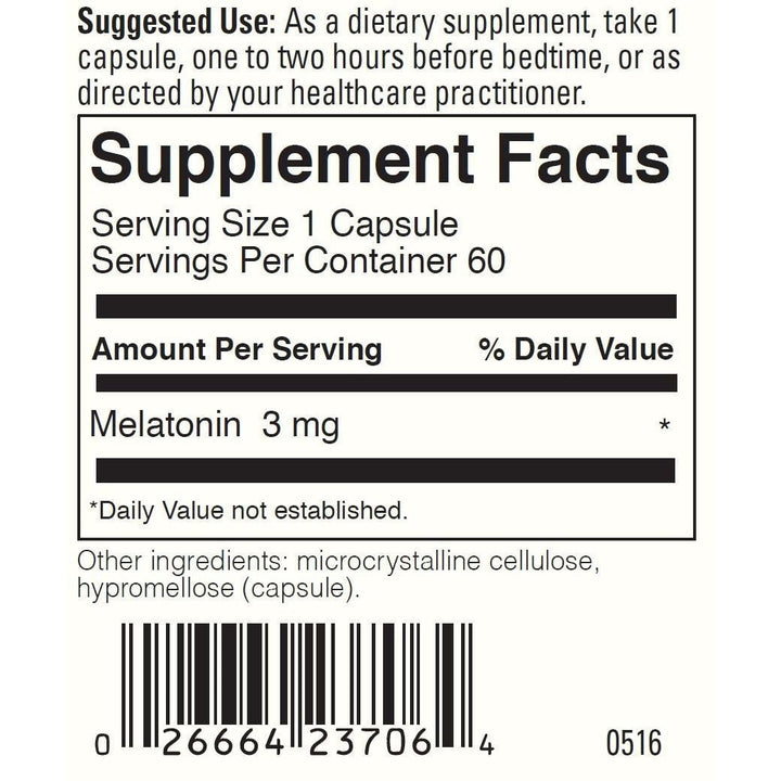 Davinci Labs Melatonin-3 60 Capsules - Supplement Facts panel