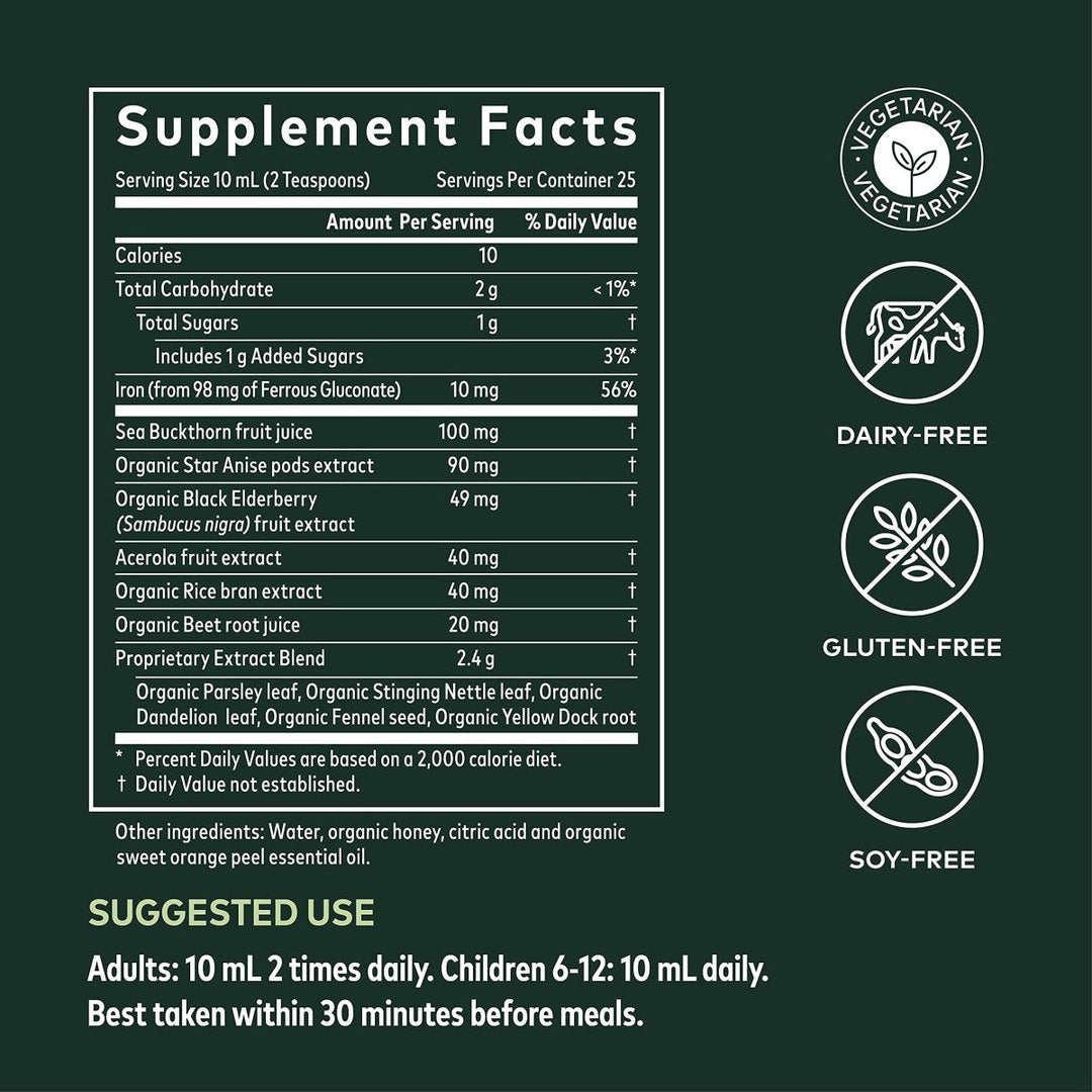 Gaia Herbs Plant Force Liquid Iron - 8.5 Fl Oz (25 Servings) - Supplement Facts panel