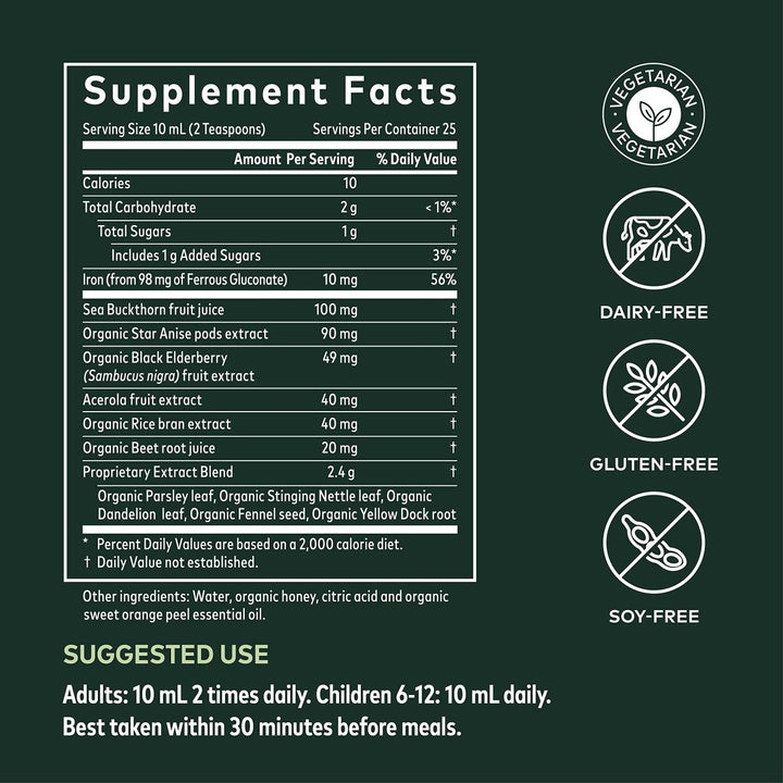 Gaia Herbs Plant Force Liquid Iron - 8.5 Fl Oz (25 Servings) - Supplement Facts panel
