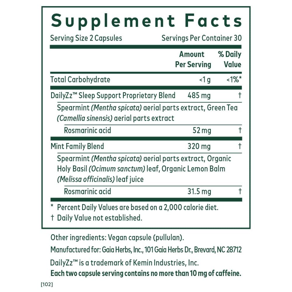 Gaia PRO Somni-Mint Rosmarinic Complex - Supplement Facts panel