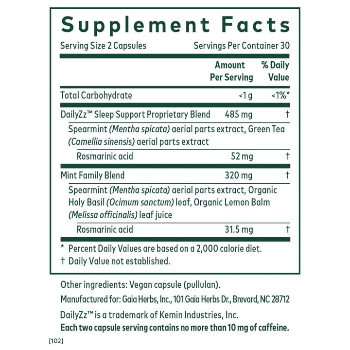 Gaia PRO Somni-Mint Rosmarinic Complex - Supplement Facts panel