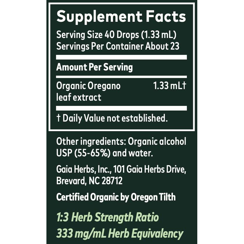 Gaia Herbs Oregano Leaf 1 Fl Oz, Liquid Extract - Supplement Facts panel