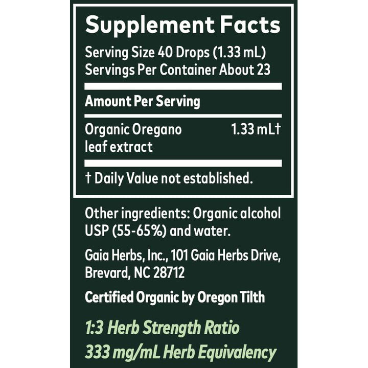 Gaia Herbs Oregano Leaf 1 Fl Oz, Liquid Extract - Supplement Facts panel