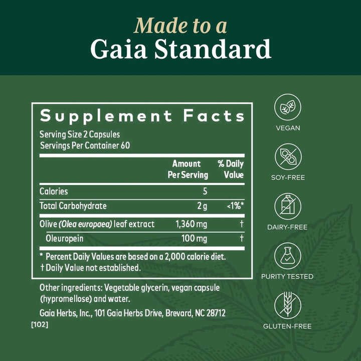 Gaia PRO Olive Leaf 1360 - Supplement Facts panel