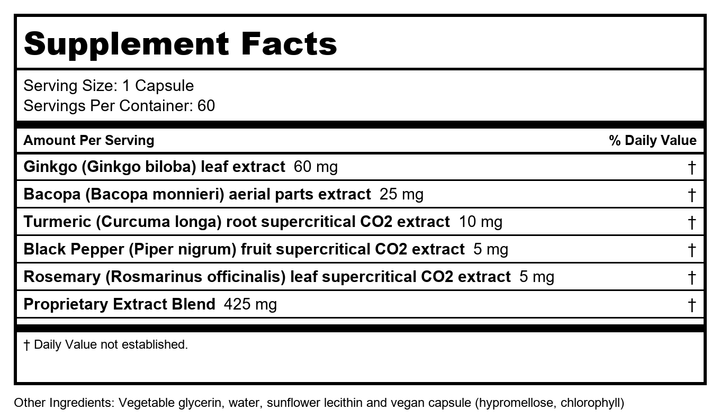 Gaia PRO Brain Daily NF-kB Formula -60 Vegan Liquid Phyto-Capsules (60 Servings) - Supplement Facts panel