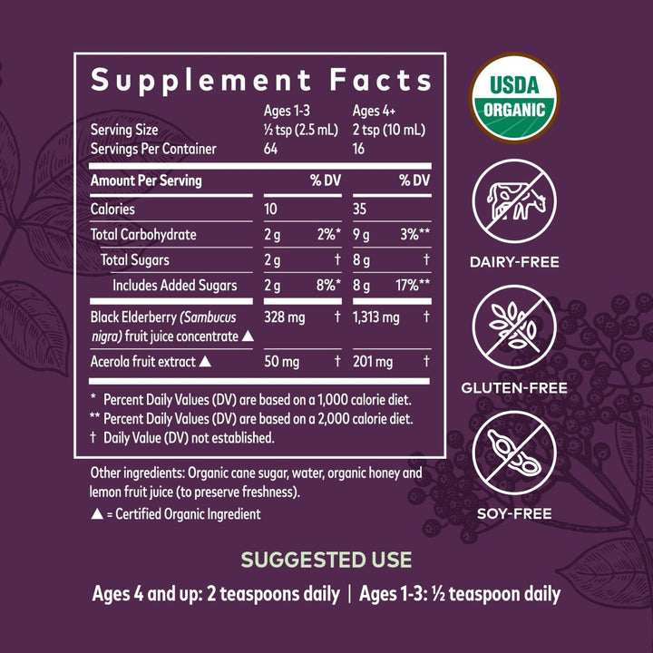 Gaia Herbs Black Elderberry Syrup Adult Daily - 5.4 Fl Oz (16-Day Supply) - Supplement Facts panel