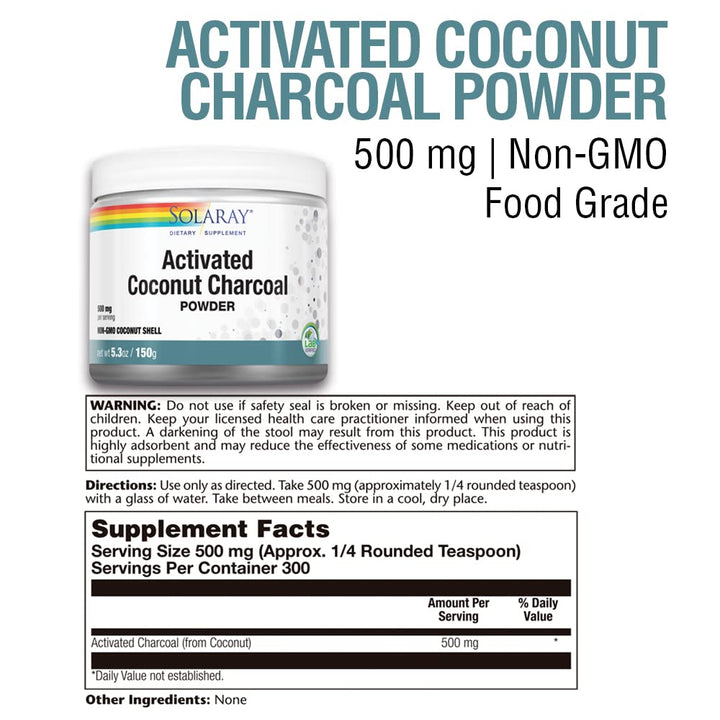 SOLARAY Activated Coconut Charcoal Powder - Support Healthy Cleansing &amp; Digestive Tract in 500 mg, 300 Servings - Supplement Facts panel