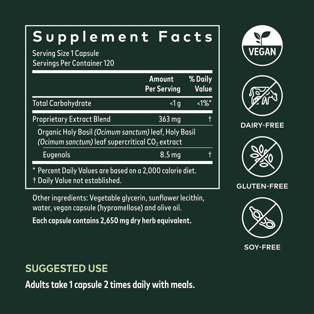 Gaia Herbs Holy Basil Leaf - Helps Sustain a Positive Mindset and Balance in Times of Stress - an Adaptogenic Ayurvedic Herb - 120 Vegan Liquid Phyto-Capsules (60-Day Supply) - Supplement Facts panel