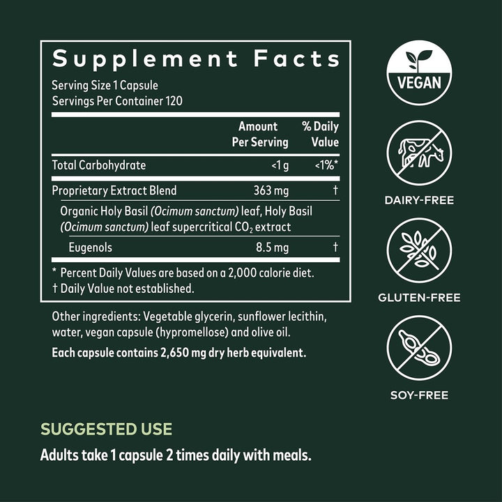 Gaia Herbs Holy Basil Leaf - Helps Sustain a Positive Mindset and Balance in Times of Stress - an Adaptogenic Ayurvedic Herb - 120 Vegan Liquid Phyto-Capsules (60-Day Supply) - Supplement Facts panel