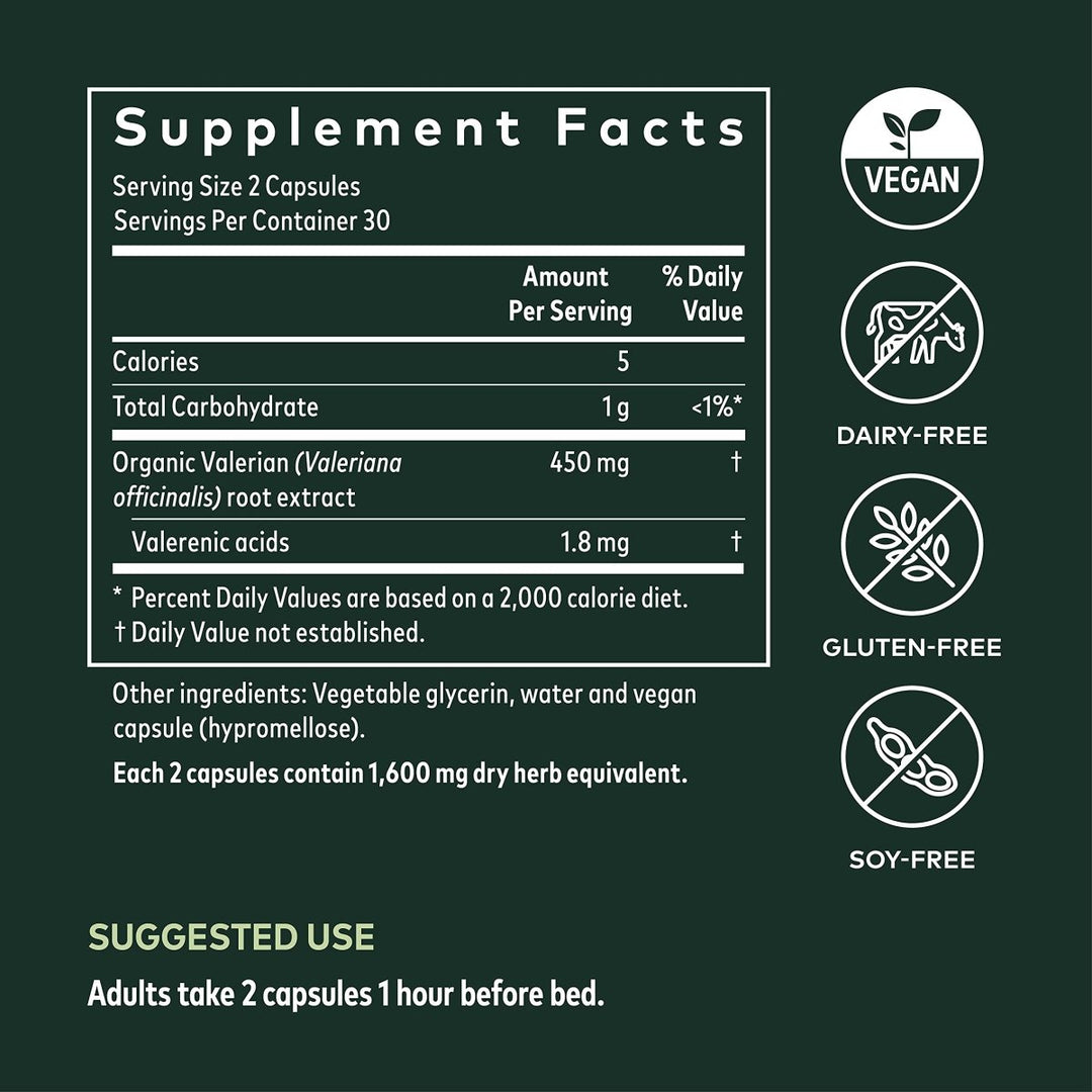 Gaia Herbs Valerian Root - 60 Vegan Liquid Phyto-Capsules (30-Day Supply) - Supplement Facts panel