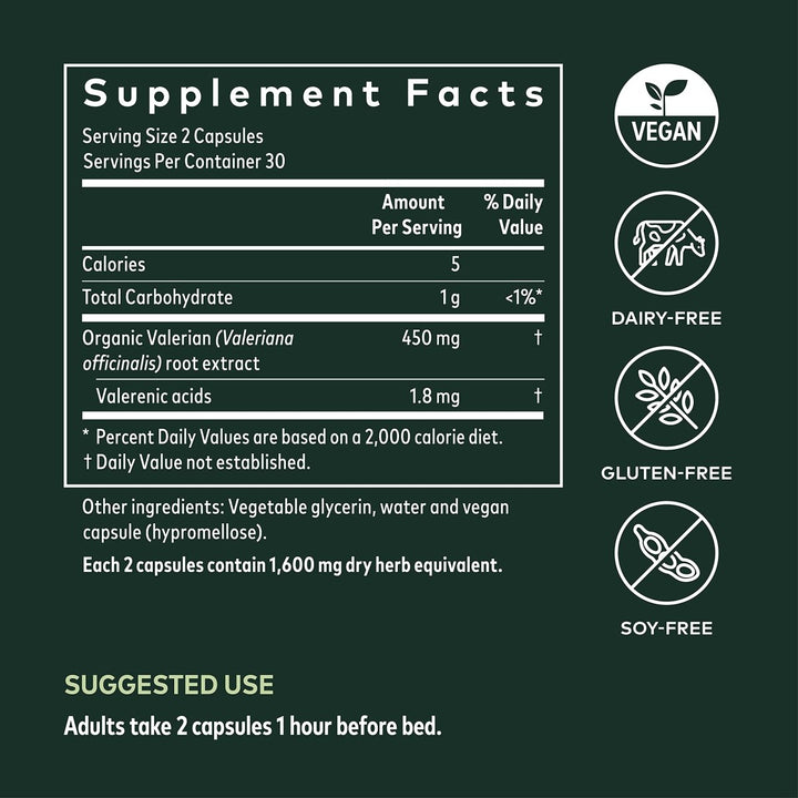 Gaia Herbs Valerian Root - 60 Vegan Liquid Phyto-Capsules (30-Day Supply) - Supplement Facts panel