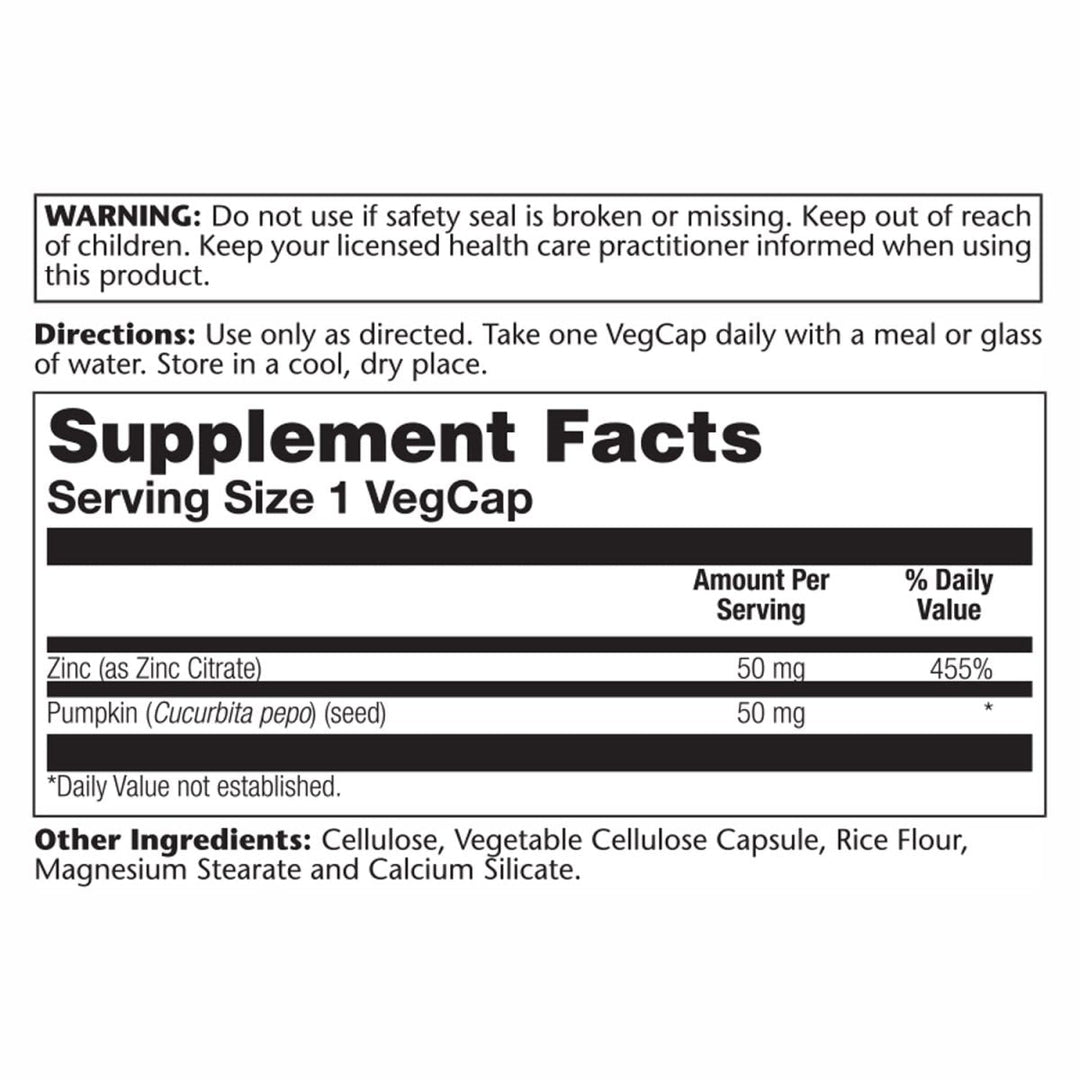 Solaray Zinc Citrate 50mg | Immune Function, Cellular &amp; Skin Health Support | Easy Digestion Formula | 60ct - Supplement Facts panel