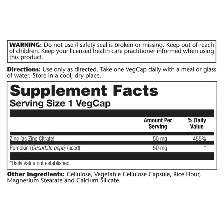 Solaray Zinc Citrate 50mg | Immune Function, Cellular &amp; Skin Health Support | Easy Digestion Formula | 60ct - Supplement Facts panel