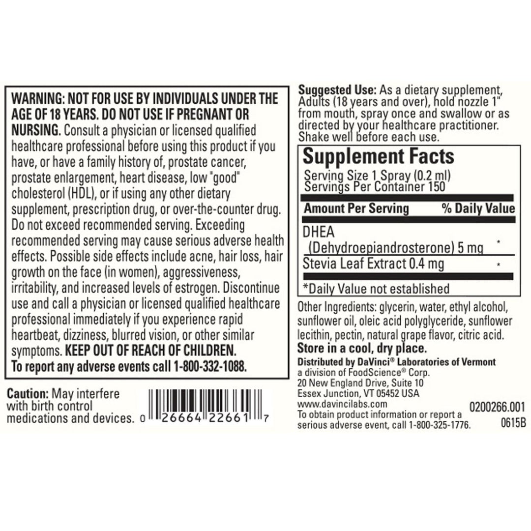 DaVinci Labs Liposomal DHEA - 1 oz - Supplement Facts panel