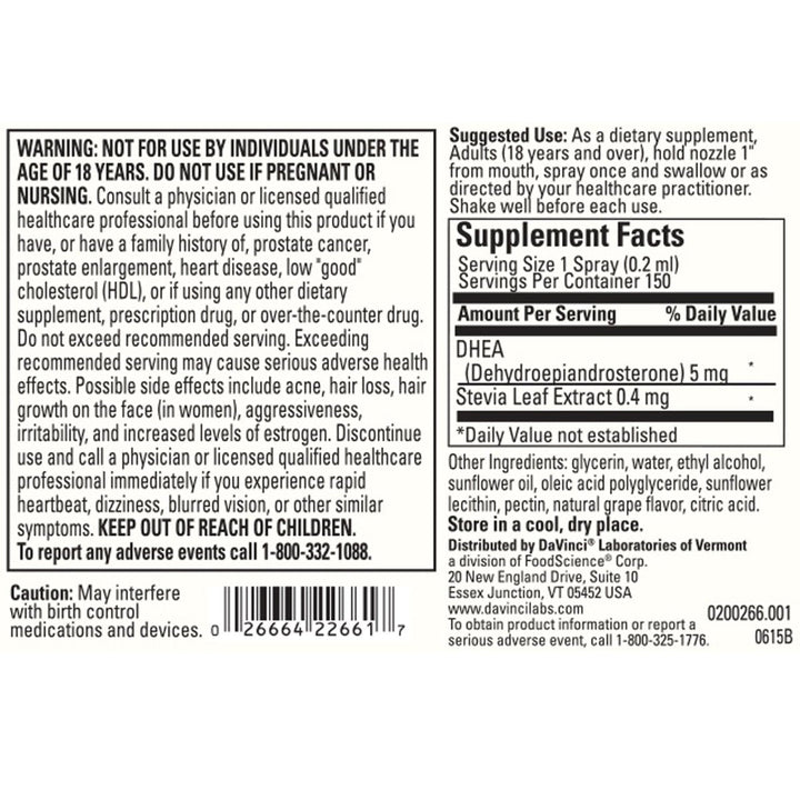 DaVinci Labs Liposomal DHEA - 1 oz - Supplement Facts panel