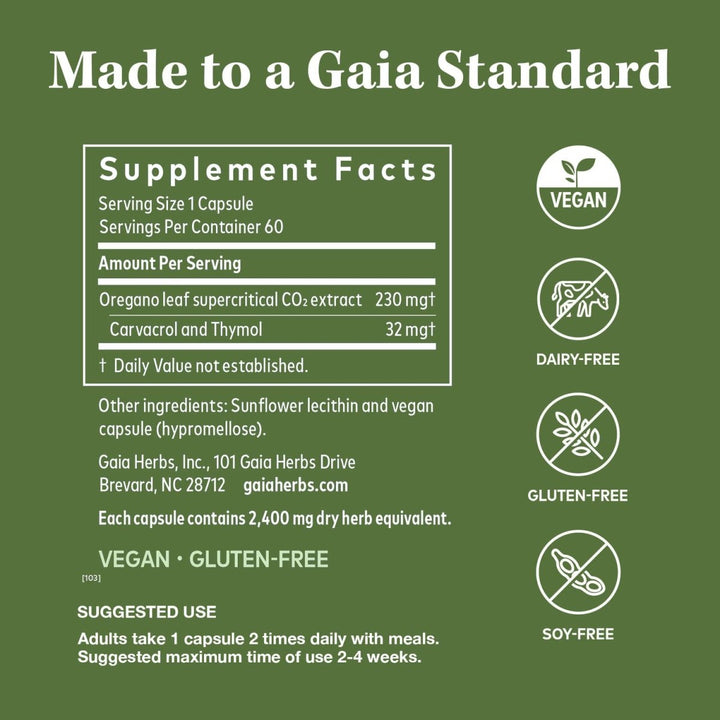 Gaia Herbs Oil of Oregano -60 Vegan Liquid Phyto-Capsules (30-Day Supply) - Supplement Facts panel