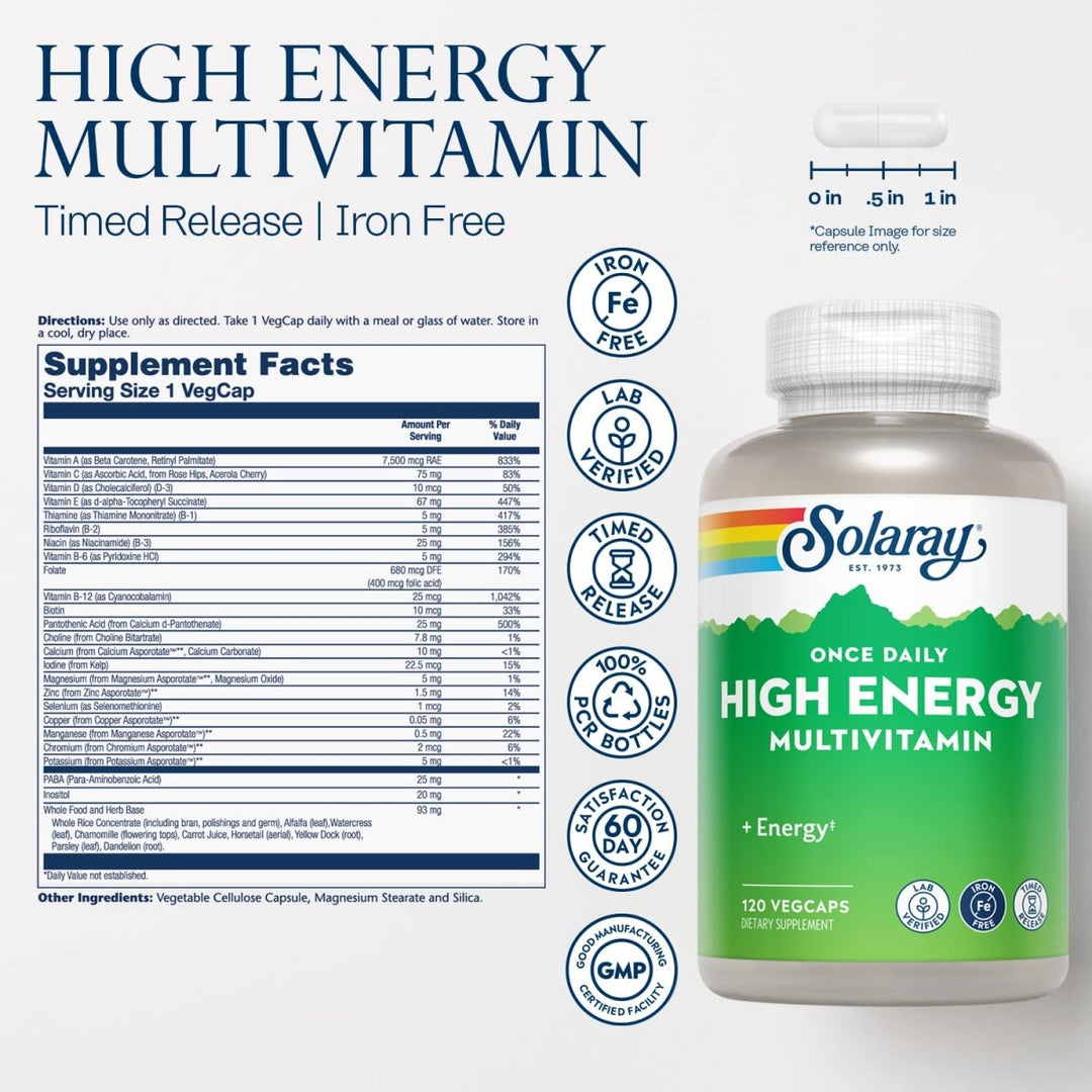 SOLARAY High Energy Multivitamin, No Iron, 1/Day, Timed-Release Formula, Whole Food &amp; Herb Base 120 VegCaps - Supplement Facts panel