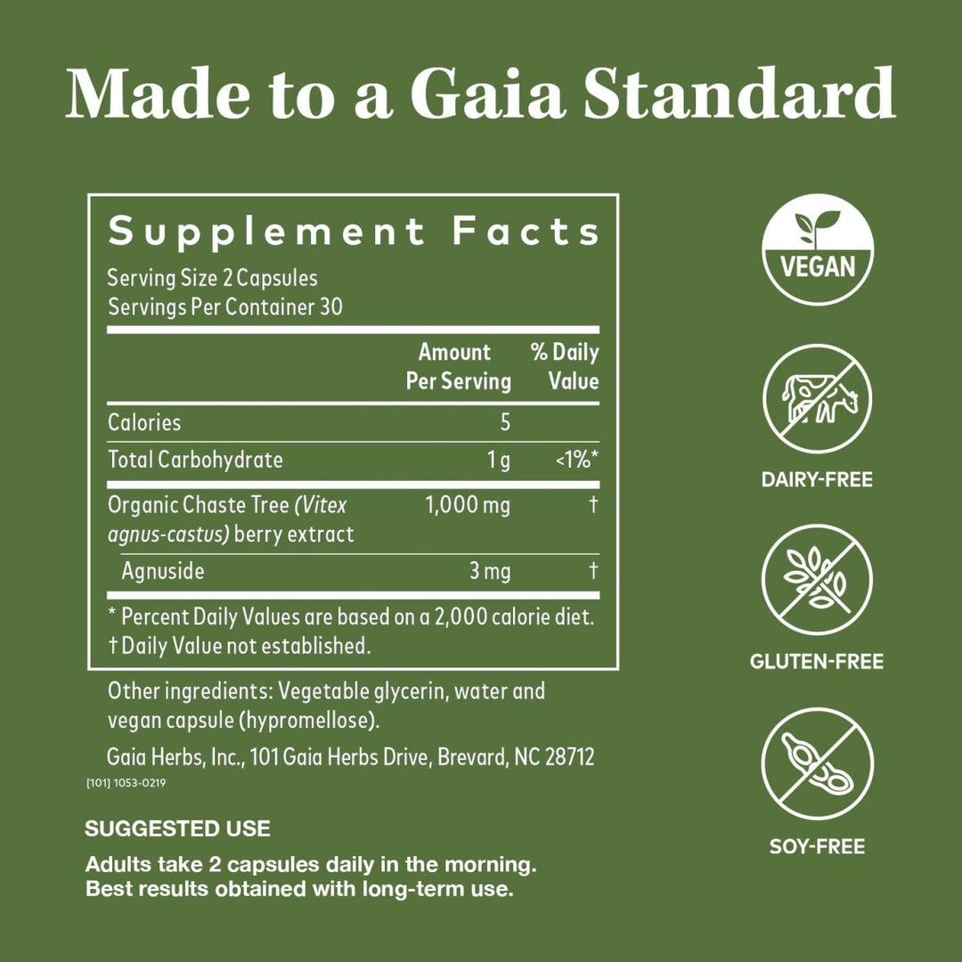 Gaia Herbs Vitex Berry (Chaste Tree) - 60 Vegan Caps (30-Day Supply) - Supplement Facts panel