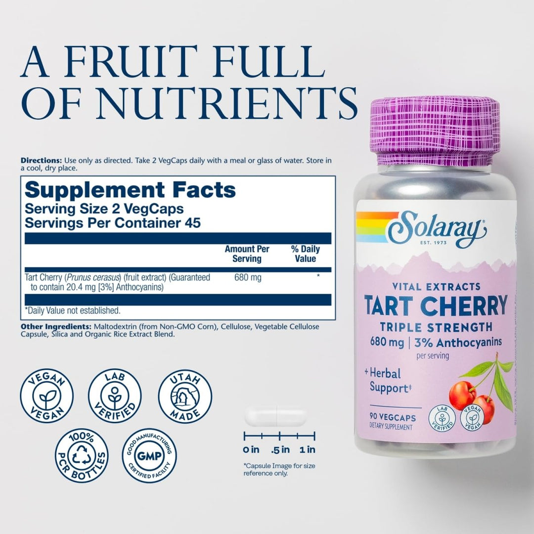SOLARAY Triple Strength Tart Cherry Extract - Tart Cherry Capsules with Antioxidants and Anthocyanins for Uric Acid Levels Support - Vegan, 60-Day Guarantee - 45 Servings, 90 VegCaps - Supplement Facts panel