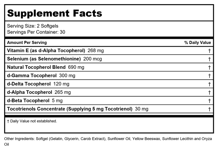 SOLARAY Bio E Gamma Plex | Vitamin E with Natural Tocopherol Blend for Healthy Antioxidant Support | 60 Softgels, 30 Serv - Supplement Facts panel