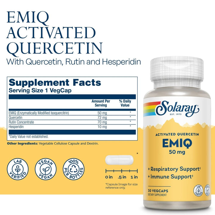 Solaray EMIQ Activated Quercetin, Sinus, Respiratory &amp; Immune Health Support, Enhanced Absorption, 30 Servings, 30 VegCaps - Supplement Facts panel