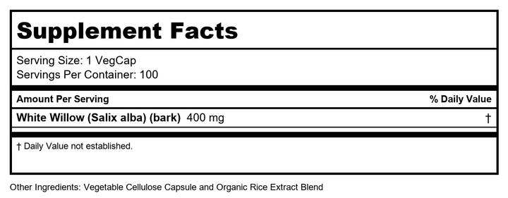 Solaray White Willow Bark 400mg - 100 Capsules   01660 - Supplement Facts panel