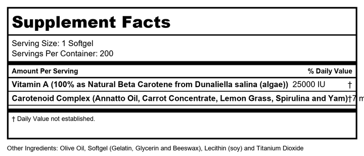 SOLARAY Food Carotene, Vitamin A as Beta Carotene 25000IU Carotenoids for Healthy Skin &amp; Eyes, Antioxidant Activity &amp; Immune System Support (076280041217) (200 CT) - Supplement Facts panel