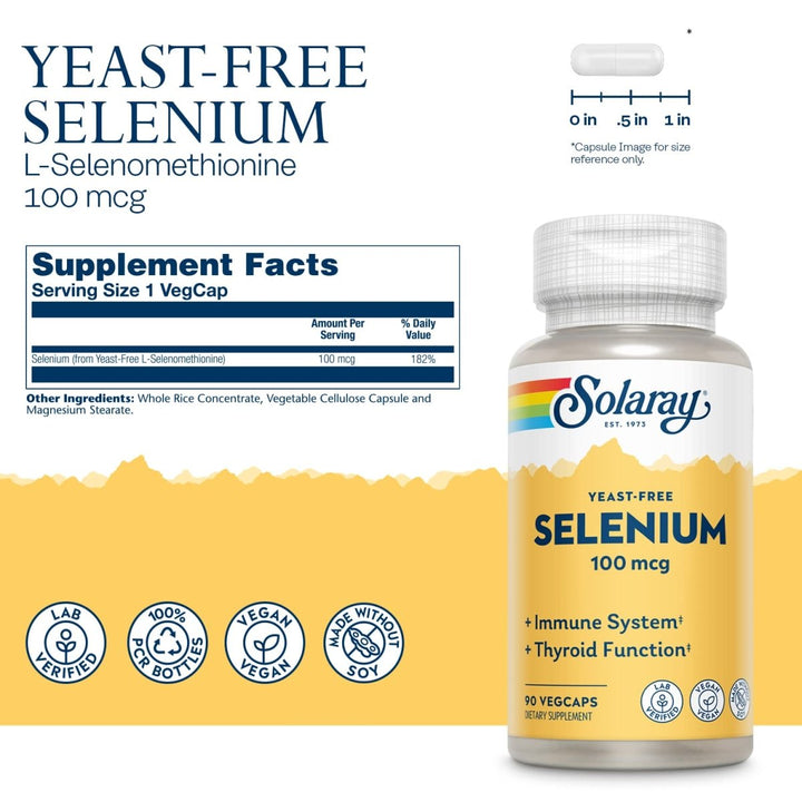 Solaray Yeast Free Selenium 100mcg, Healthy Immune &amp; Thyroid Function Support, Enhanced Absorption, 90 Serv, 90 VegCaps - Supplement Facts panel