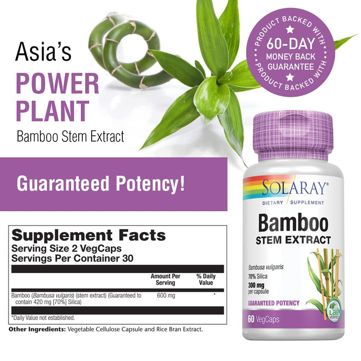 Solaray Bamboo Stem Extract 600mg | Healthy Hair, Skin, Nails, Bones &amp; Connective Tissue Support | Non-GMO, Vegan &amp; Lab Verified | 60 VegCaps - Supplement Facts panel