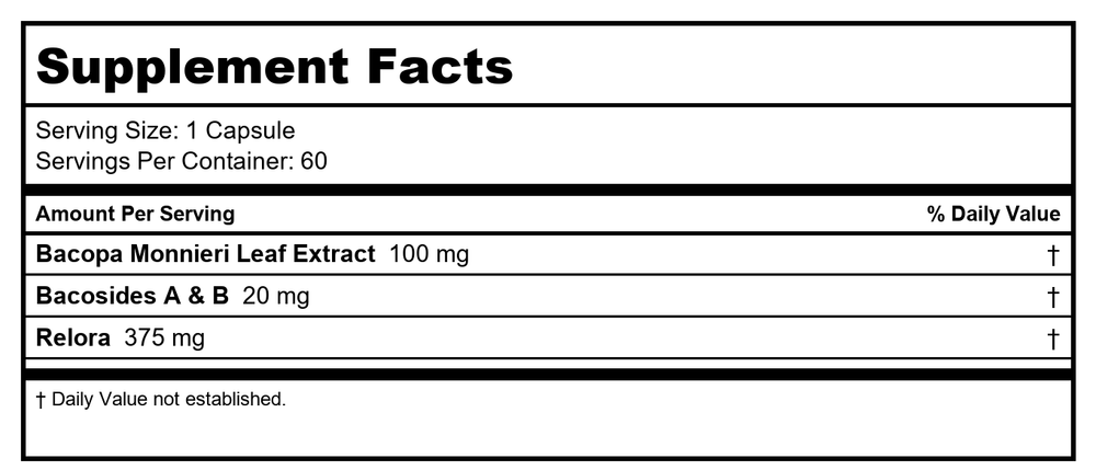 DaVinci Labs Relora With Bacopa, 60 Capsules - Supplement Facts panel
